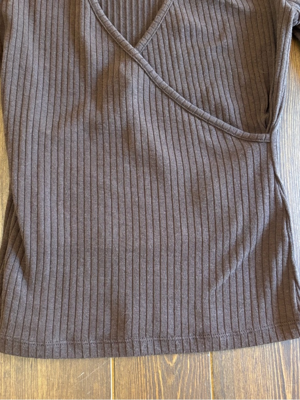 Madewell Ribbed Faux Wrap Top Chocolate Brown Long Sleeve Stretch Knit, Small - Picture 3 of 7